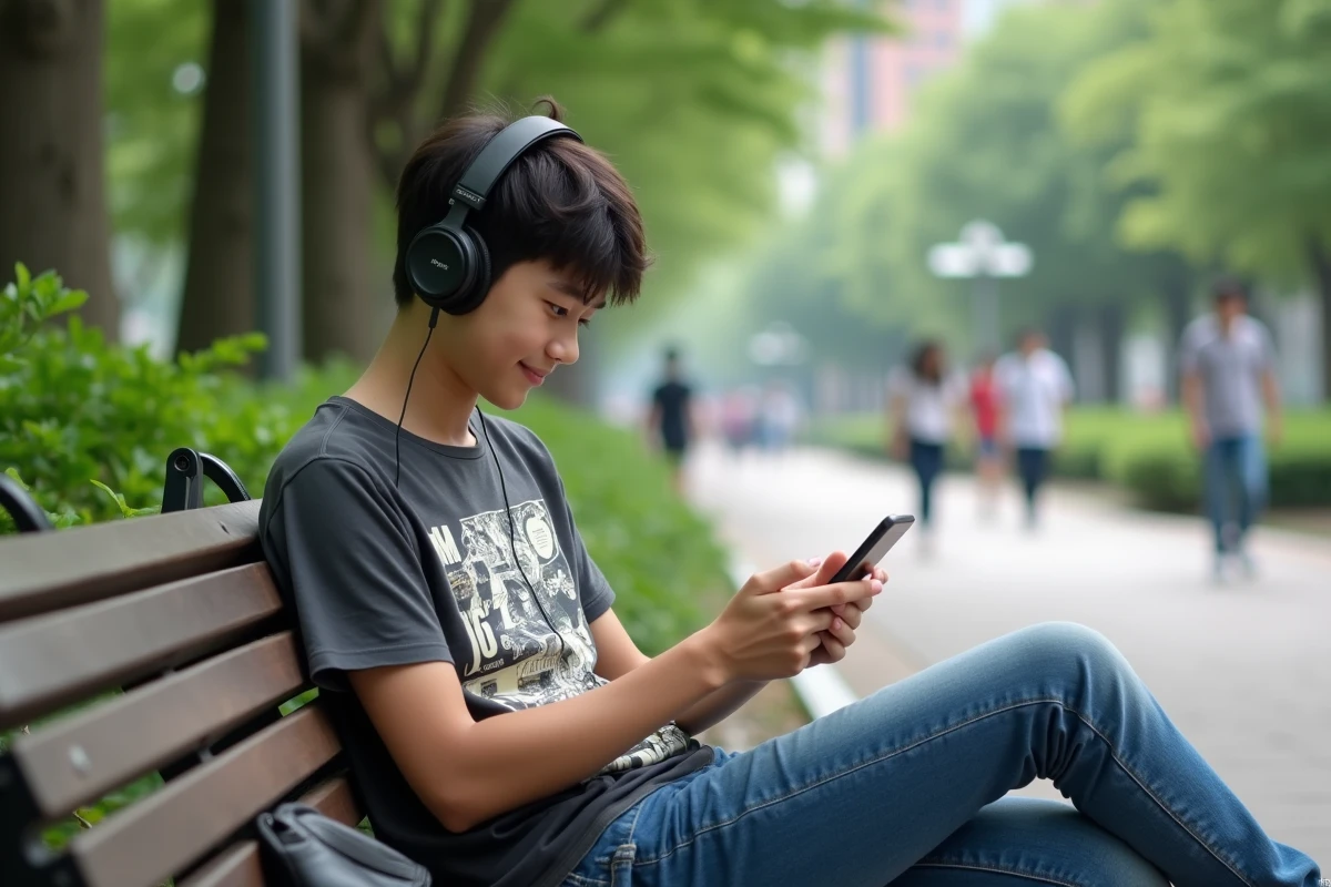 Adolescent lisant un manga sur son smartphone dans un parc urbain