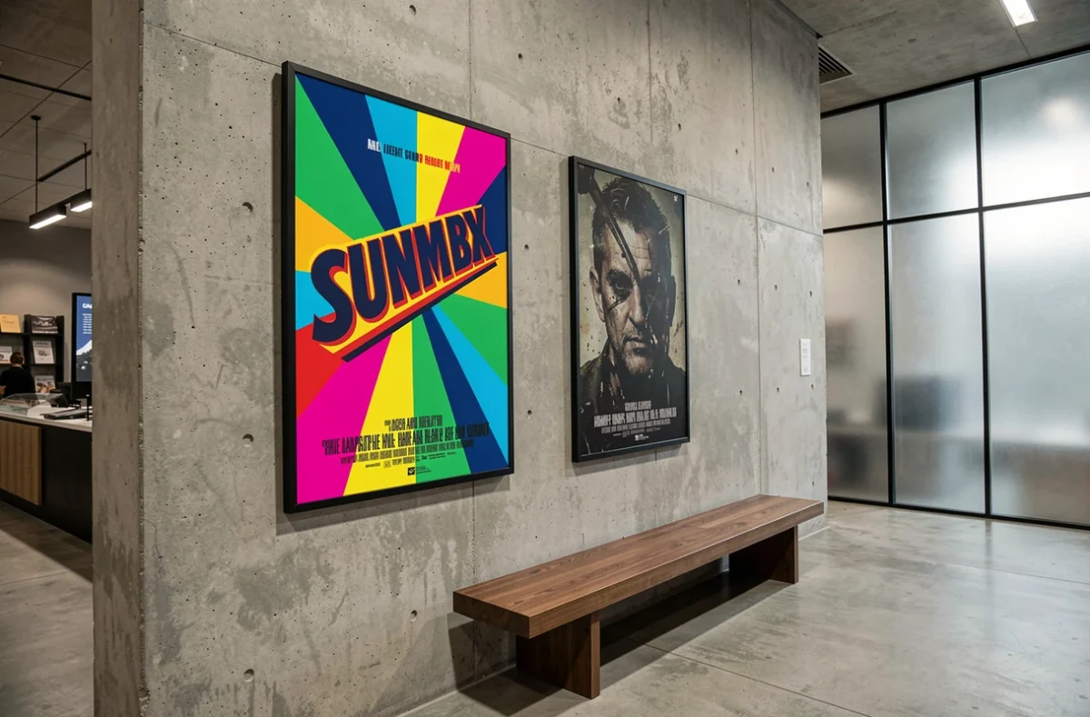 Deux affiches de films aux styles visuels opposés sur un mur de béton dans un hall de cinéma moderne