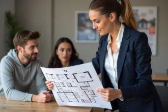 Agent immobilier expliquant un plan T3 à un couple dans un bureau moderne