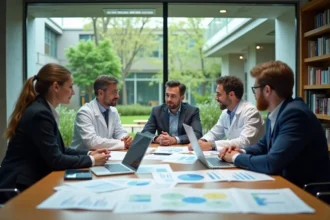 Groupe de scientifiques et de professionnels collaborant autour d'une table lors d'une réunion interdisciplinaire dans une université moderne