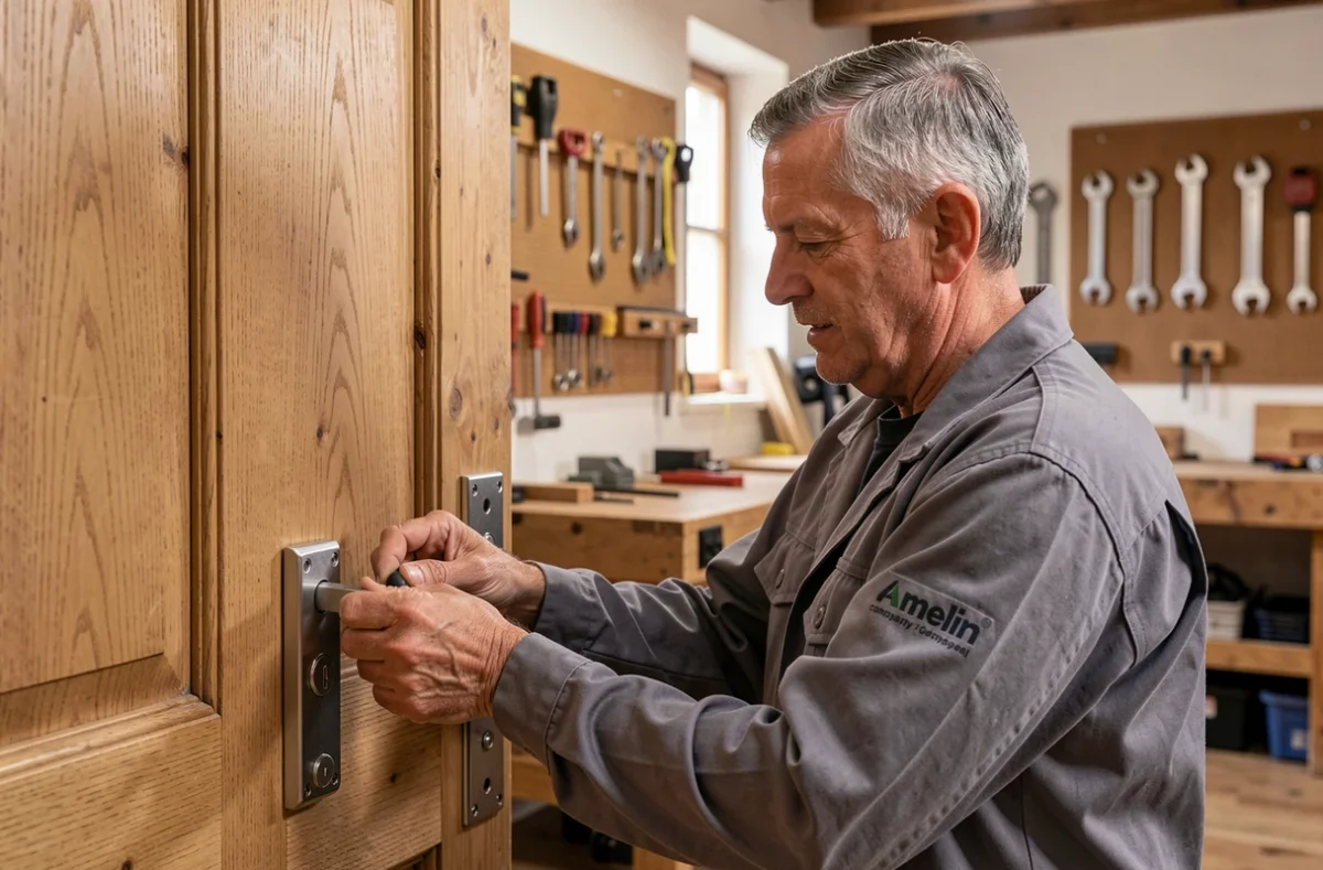 Artisan serrurier d'Amelin Sarl installant une serrure haute sécurité sur une porte en chêne dans un atelier