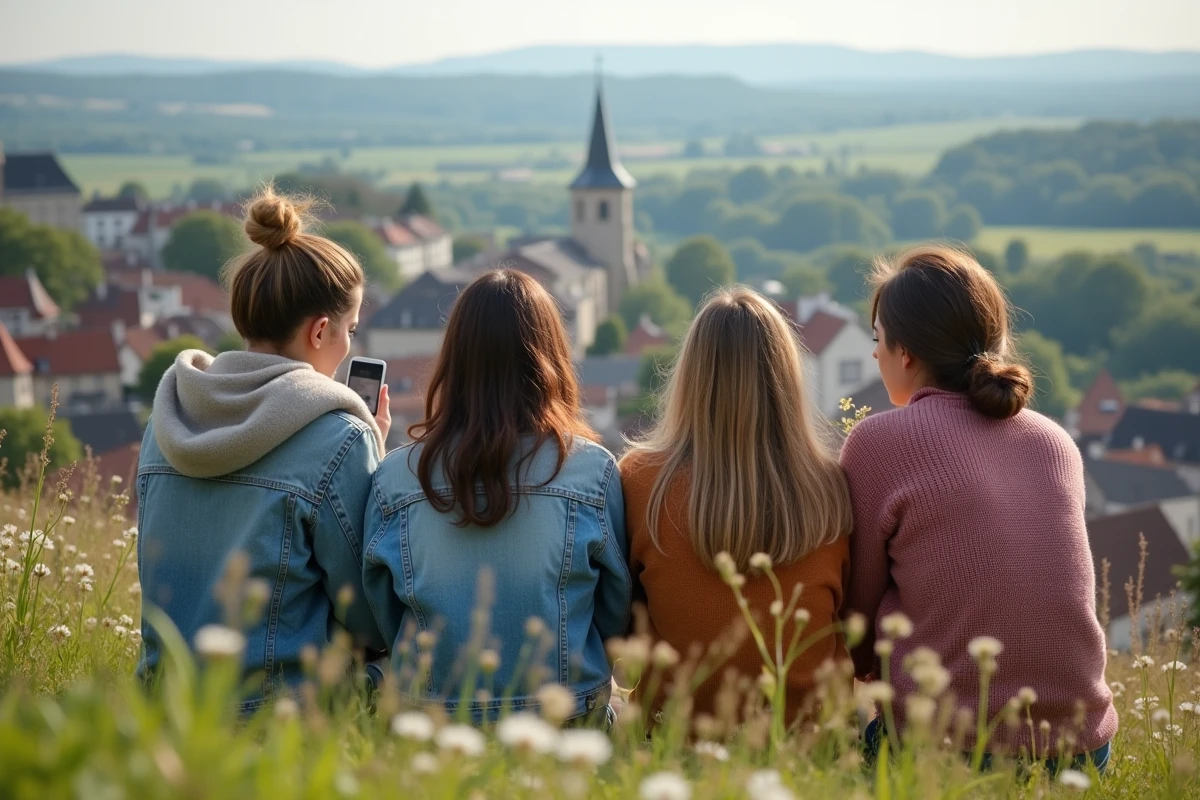 Jeunes amis regardant leur téléphone avec vue sur un village français