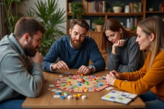 Groupe d'amis jouant à un jeu de société dans un salon chaleureux