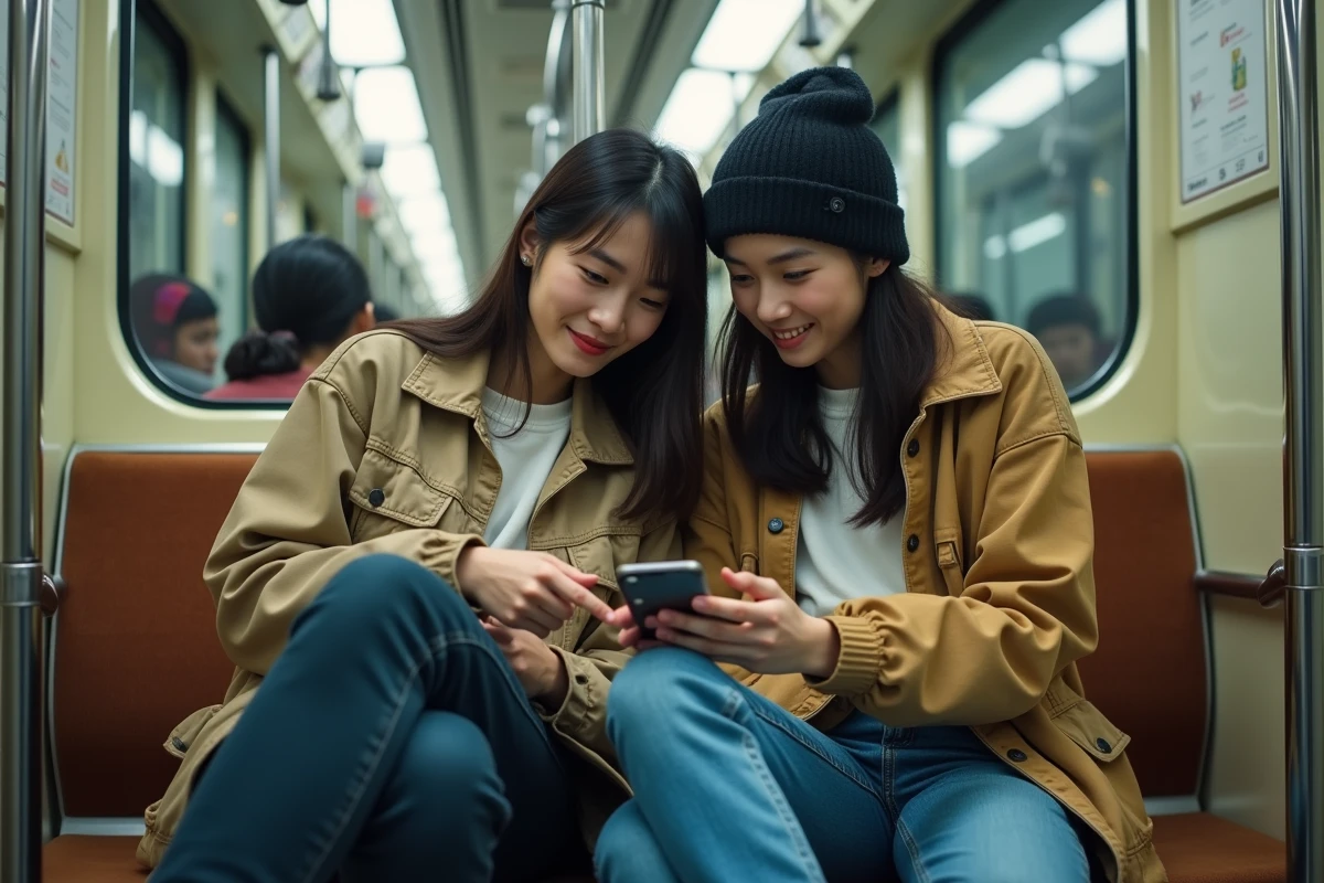 Deux amis lisant des scans de manga ensemble sur smartphone dans le métro