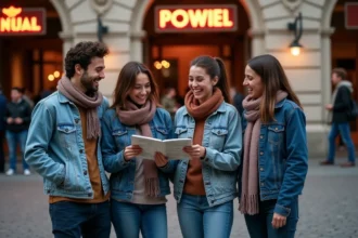 Groupe d'amis devant une salle de concert à Lyon se préparant pour un spectacle musical live en 2026