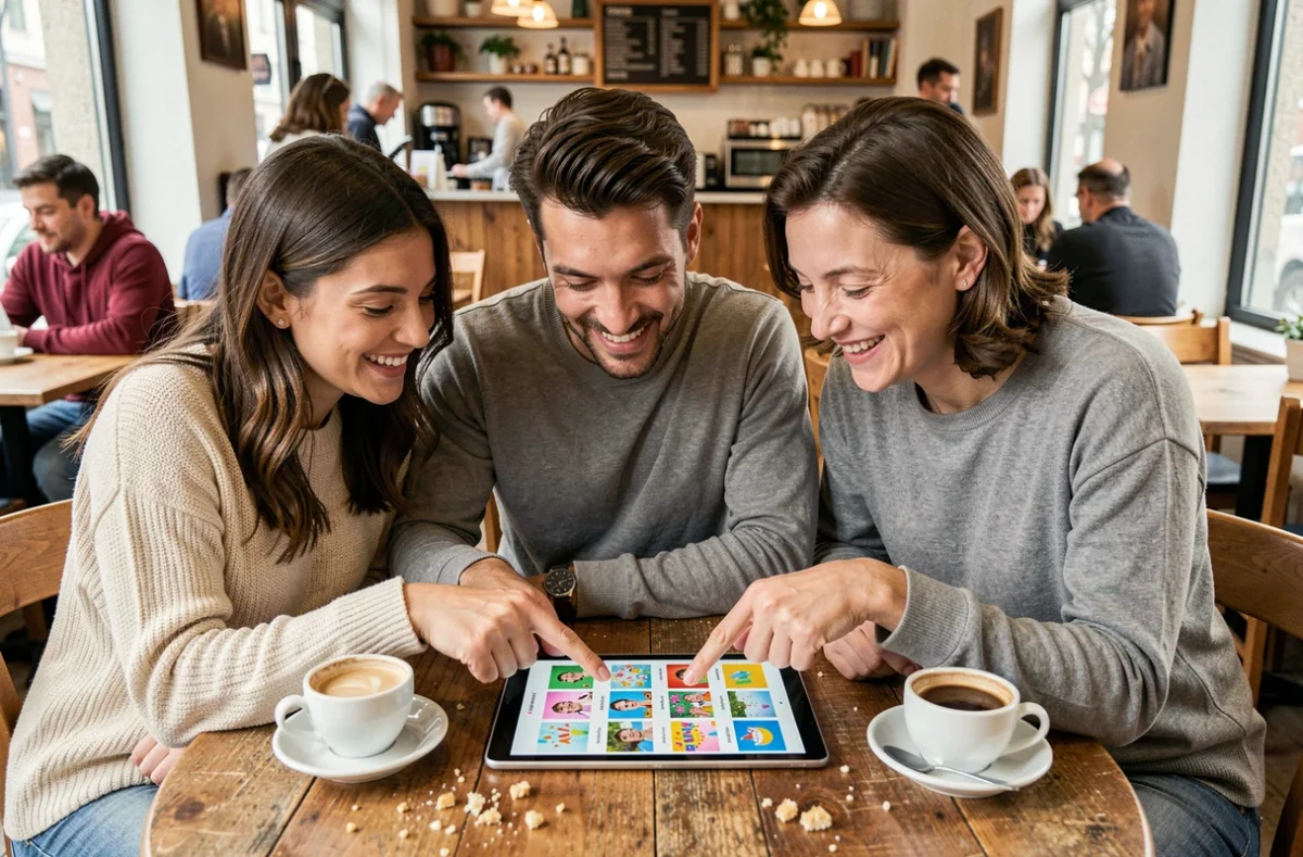 Groupe d'amis choisissant des GIFs d'anniversaire gratuits sur une tablette dans un café