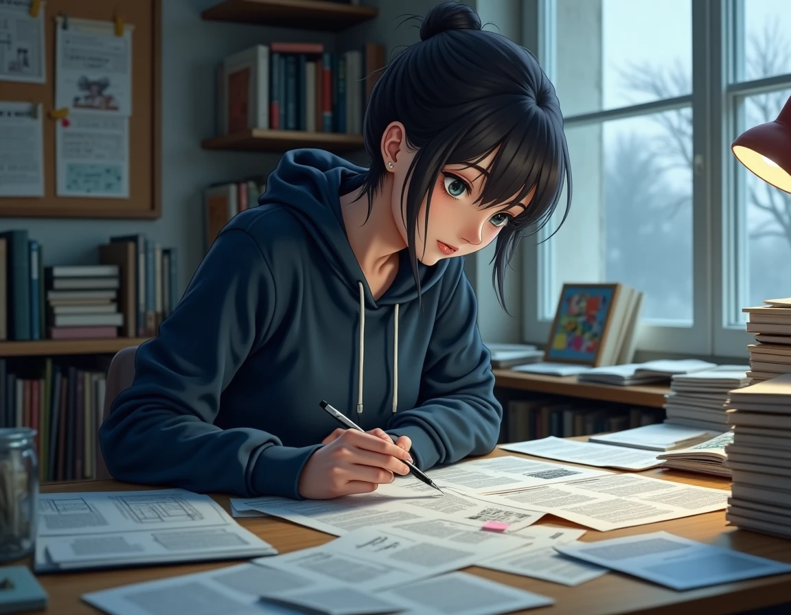Femme analysant le chapitre One Piece 1141 sur un bureau couvert de mangas et de théories de fans
