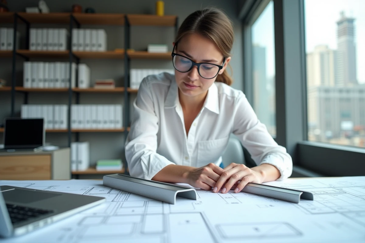 Architecte étudiant des plans de construction avec des cornières en acier et aluminium posées sur les dessins techniques