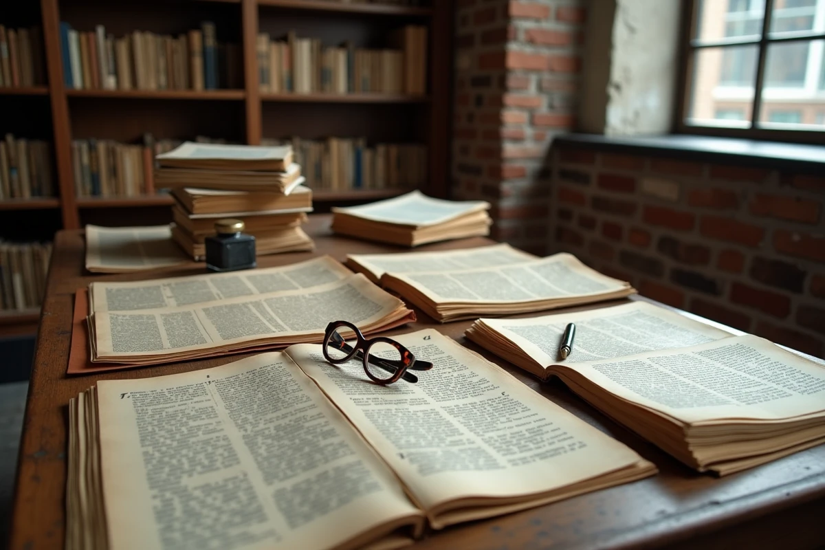 Archives et publications de l'industrie de la mode des années 1960 étalées sur une table en chêne dans une salle de lecture, symbolisant la recherche historique autour de Ruth Finley