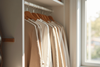 Armoire minimaliste avec vêtements neutres sur des cintres en bois