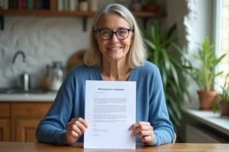 Femme d'âge moyen tenant une attestation d hébergement