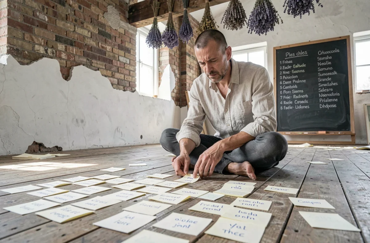 Auteur masculin organisant des fiches de rimes poétiques sur le sol d'un atelier artistique avec tableau de mots