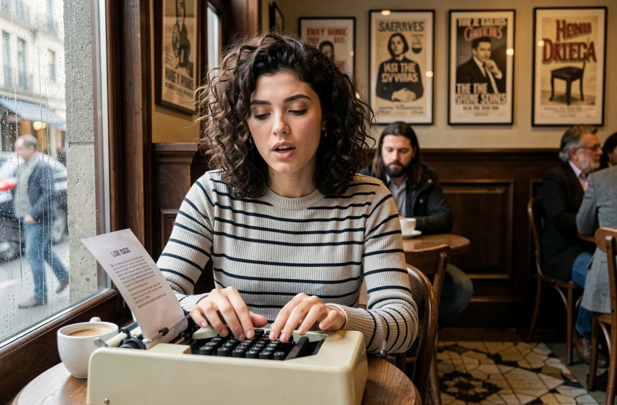 Jeune auteure tapant sur une machine à écrire vintage dans un café parisien avec un lexique de rimes posé sur la table