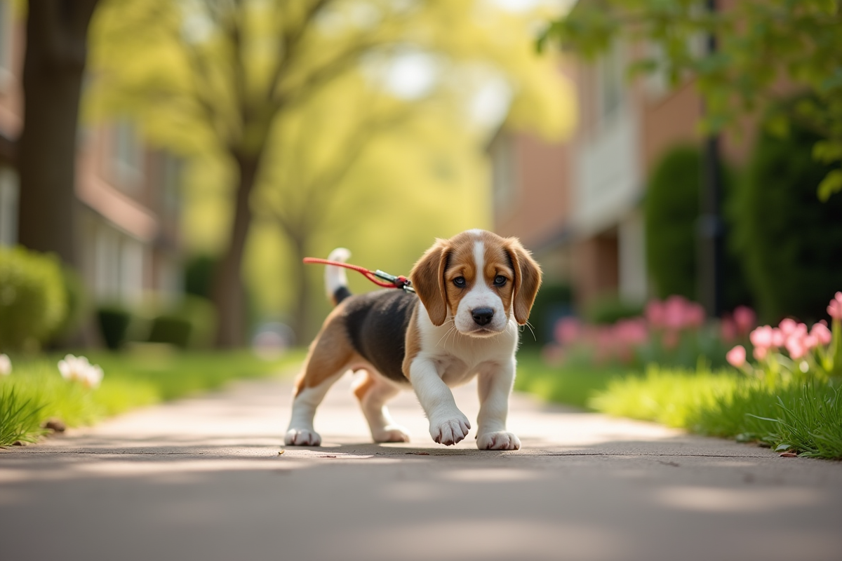 Chiot beagle explorant un trottoir printanier en promenade