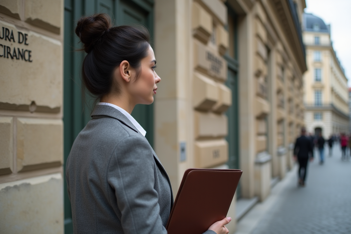 Jeune femme officielle de la banque centrale devant la façade
