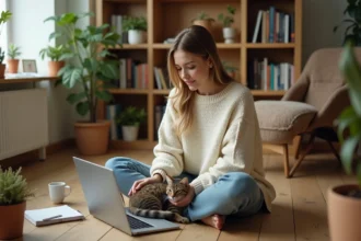 Blogueuse animaux travaillant sur son blog avec son chat tabby posé près de son ordinateur portable dans un bureau cosy