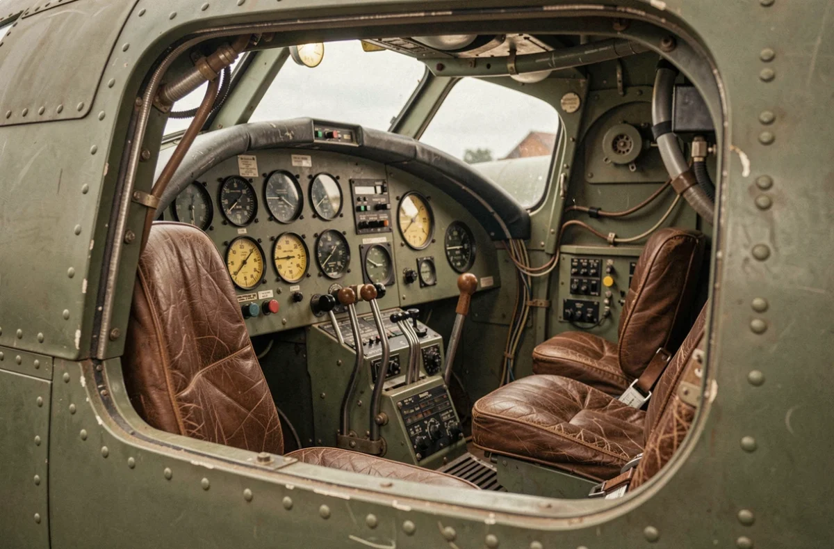Intérieur du cockpit original d'un Boeing B-17F avec instruments d'époque, manettes des gaz et sièges en cuir usé visibles à travers la fenêtre ouverte