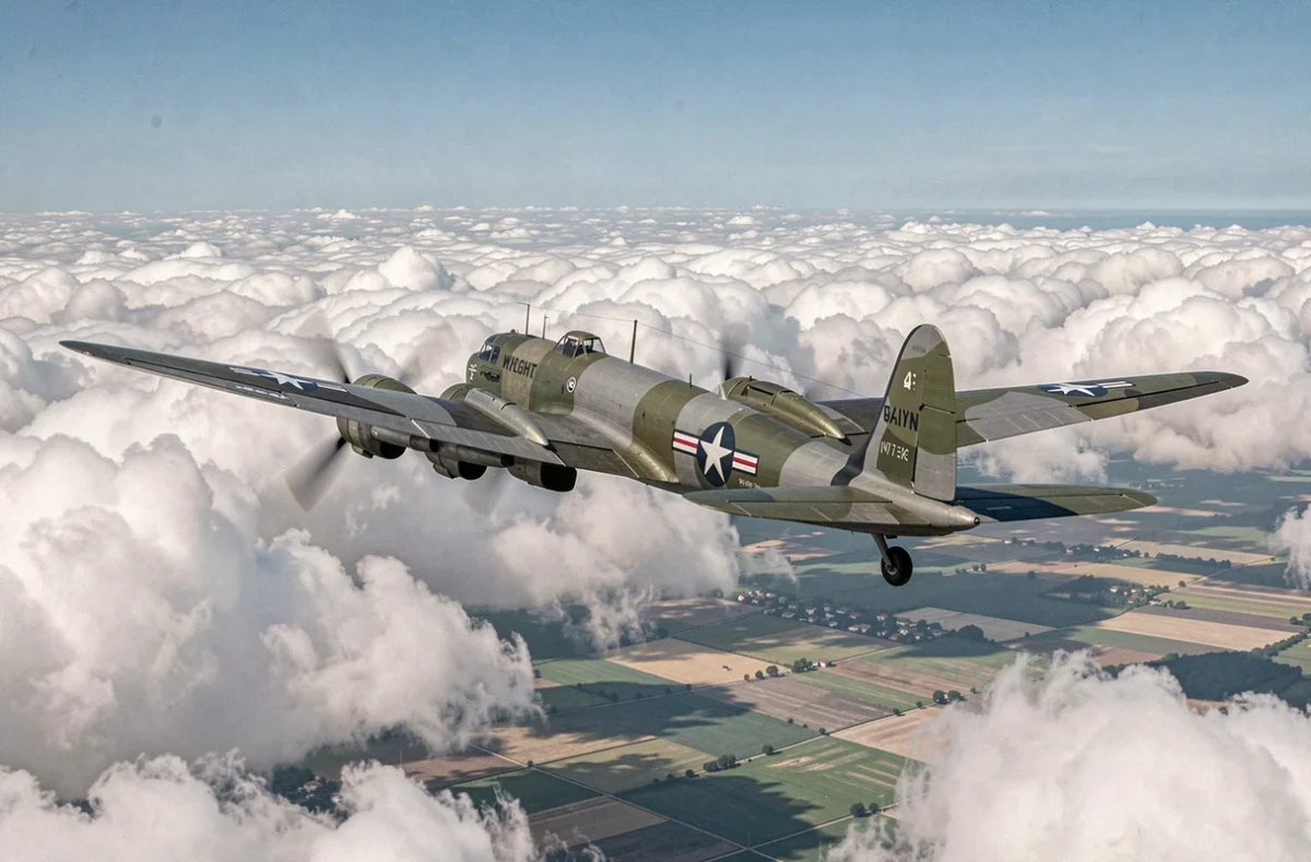 Boeing B-17F Flying Fortress en vol lors d'une démonstration patrimoniale, vue en trois quarts arrière avec les quatre moteurs en fonctionnement et paysage agricole en contrebas
