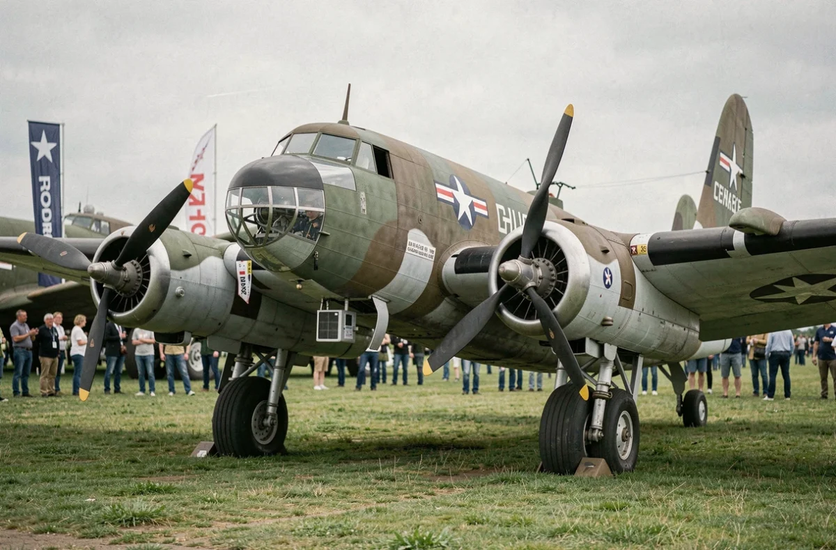 Boeing B-17F restauré sur un terrain d'aviation lors d'un meeting aérien historique, vue trois quarts avant avec foule de passionnés en arrière-plan