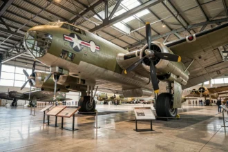 Boeing B-17F Flying Fortress exposé dans un musée de l'aviation, vue grand angle depuis le sol mettant en valeur la carlingue et les quatre moteurs