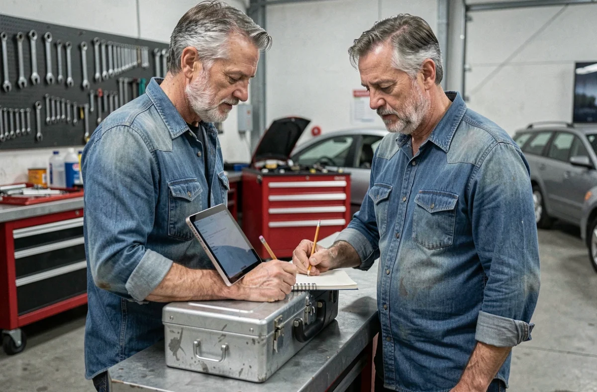 Bricoleur senior consultant une FAQ de contact sur une tablette dans un garage atelier