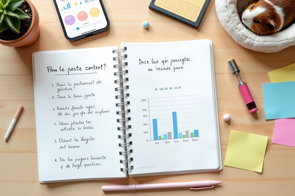 Vue aérienne d'un bureau créatif avec cahier de notes, smartphone affichant des statistiques de blog animalier et cochon d'Inde endormi