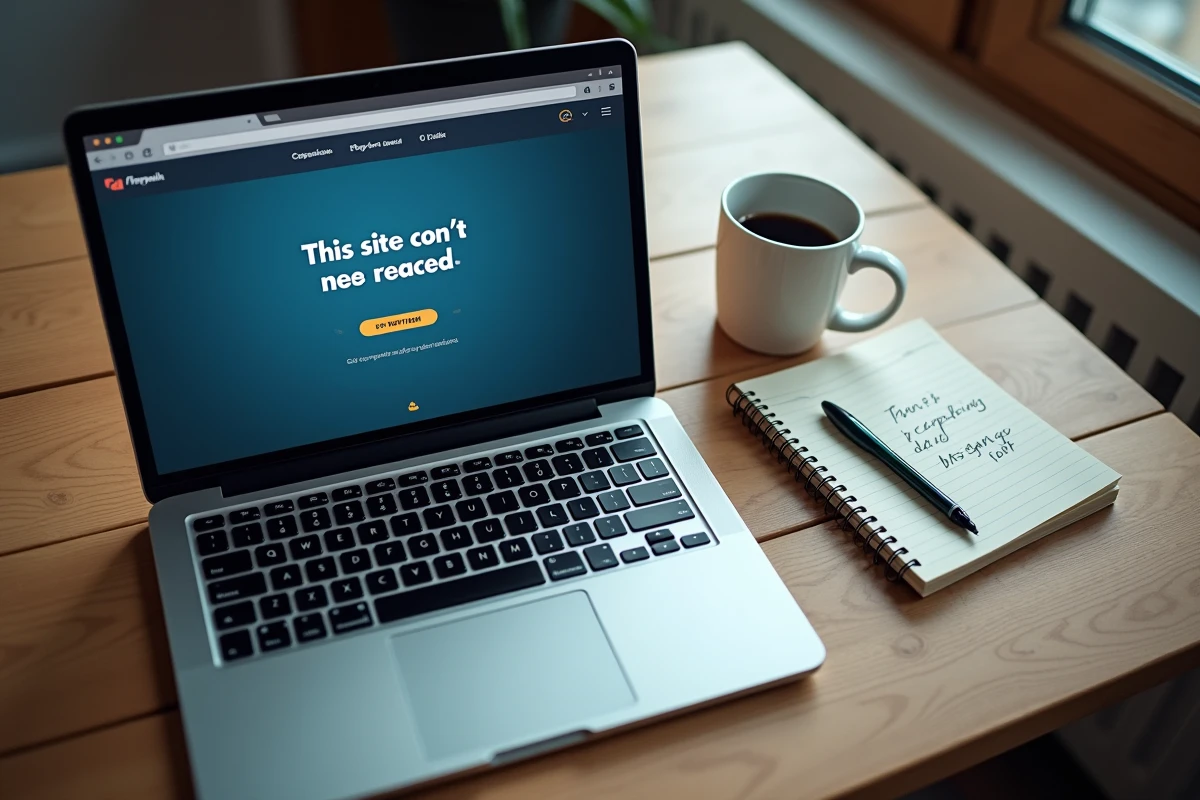 Vue aérienne d'un bureau avec ordinateur affichant une erreur de site inaccessible et carnet de notes