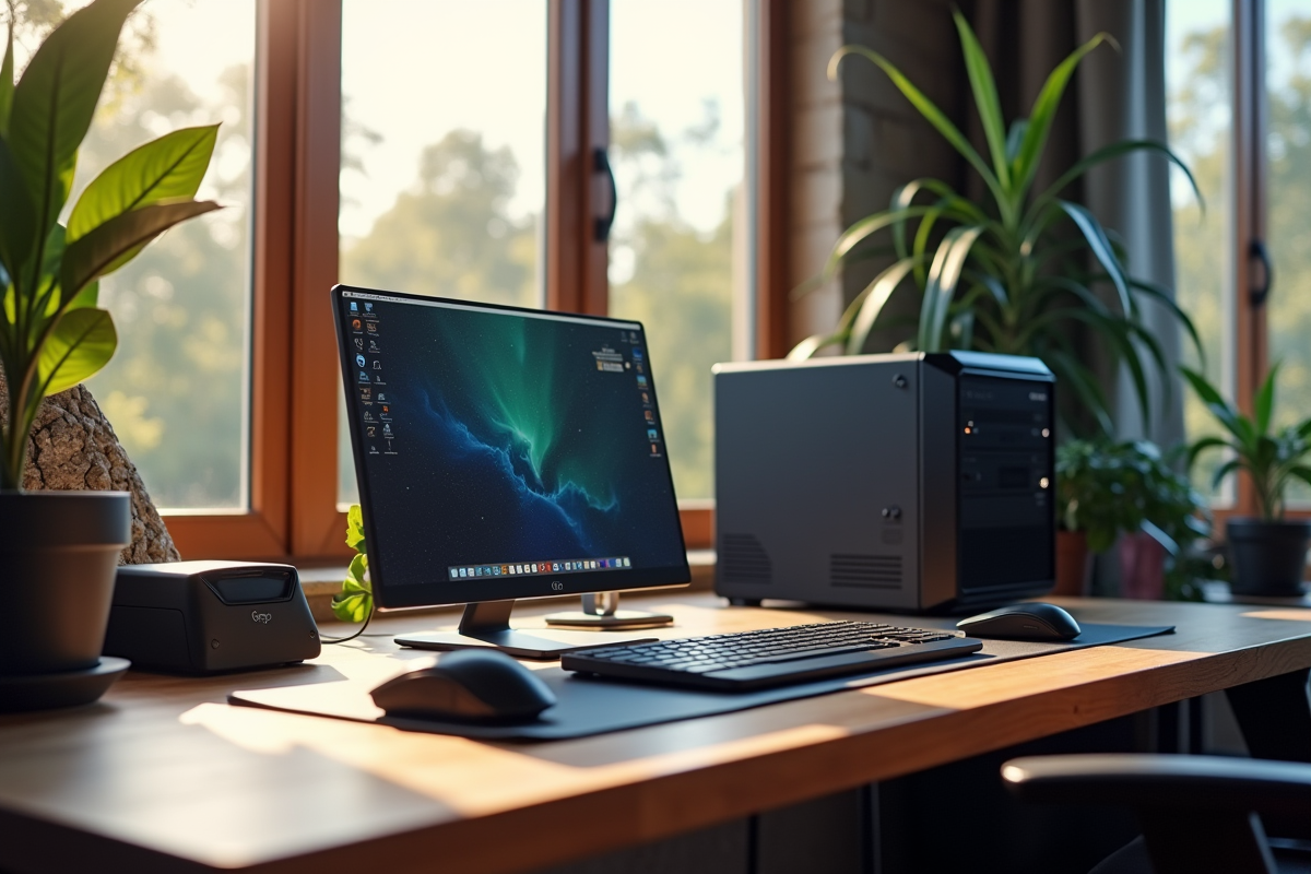 Espace de travail moderne avec ordinateur et lumière naturelle