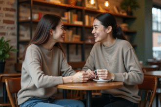 Personne nonbinaire souriante dans un café convivial