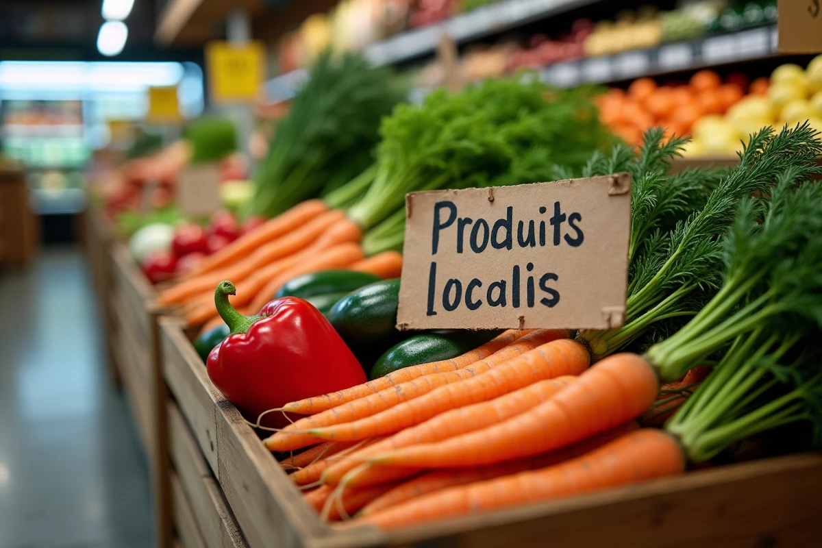 Cagette de légumes frais locaux avec panneau 'Produits locaux' dans le rayon d'un supermarché discount