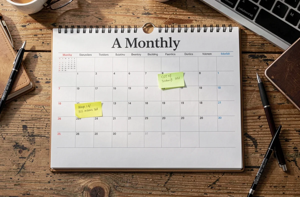 Calendrier mensuel sur un bureau avec certaines dates surlignées