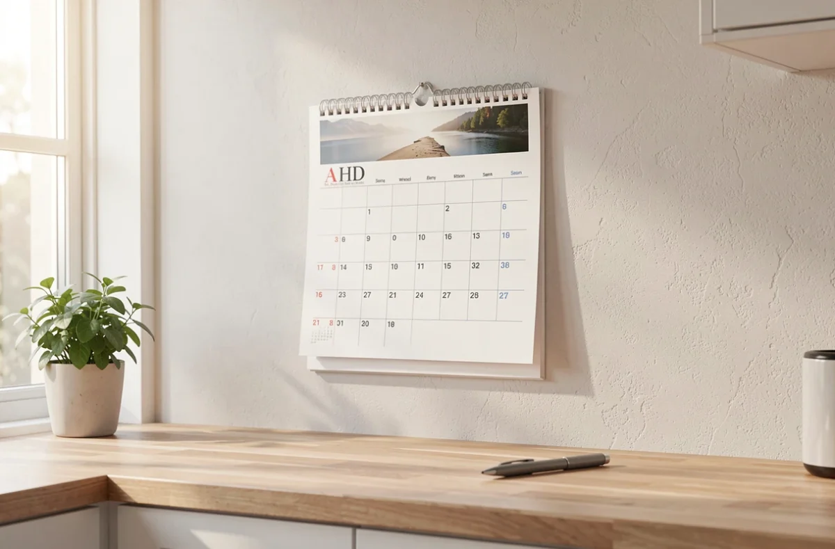 Calendrier mural dans une cuisine lumineuse avec un stylo posé à côté