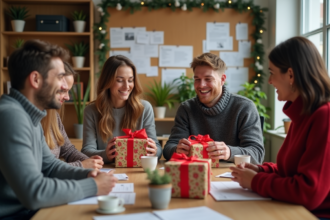 Groupe de collègues échangeant des cadeaux de Noël au bureau