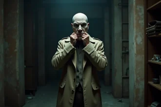 Personnage masqué en costume théâtral tenant un masque réaliste devant son visage dans un couloir de backstage, évoquant le pouvoir de transformation du Caméléon de Marvel