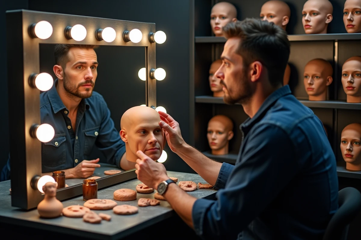 Acteur masculin dans une loge de maquillage professionnel examinant une prothèse faciale en silicone, référence visuelle aux techniques de déguisement ultra-réalistes utilisées par le Caméléon dans l'univers Marvel