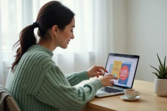 Femme cherchant une carte Bonne Année 2026 gratuite au design moderne sur un ordinateur portable dans un bureau minimaliste