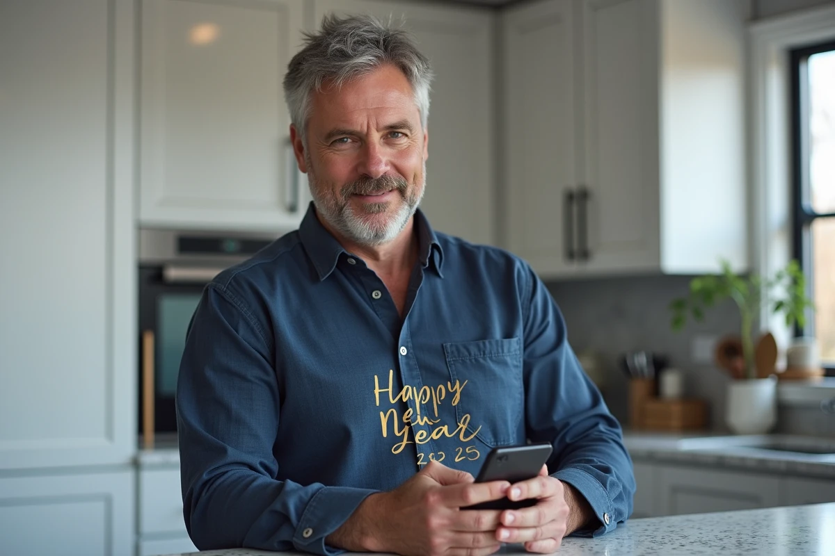 Homme consultant une carte Bonne Année 2026 gratuite au design moderne sur smartphone dans une cuisine contemporaine