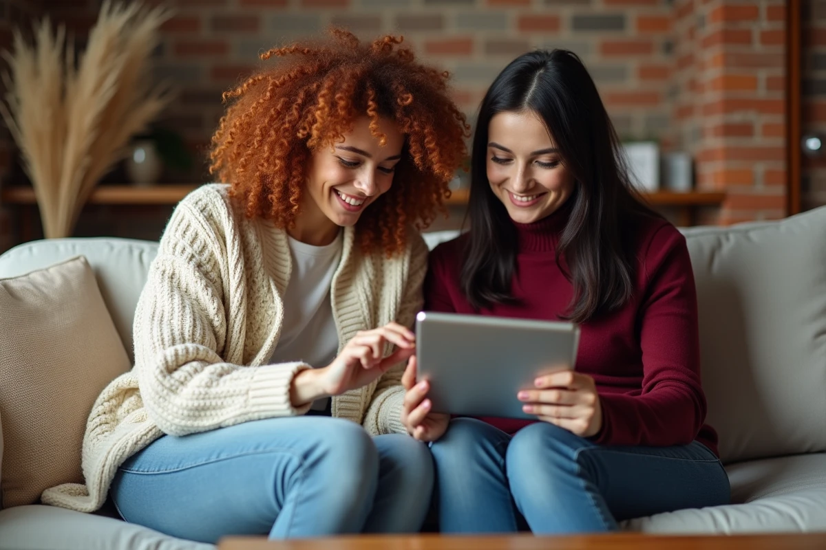 Deux femmes choisissant ensemble une carte Bonne Année 2026 gratuite au design moderne sur une tablette dans un salon cosy