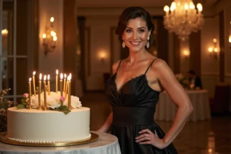 Femme élégante en robe de soirée noire devant un gâteau d'anniversaire luxueux dans une salle de bal somptueuse