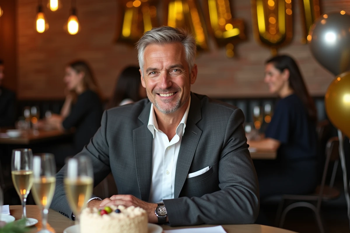 Homme en costume chic célébrant son anniversaire dans un restaurant avec champagne et ballons dorés
