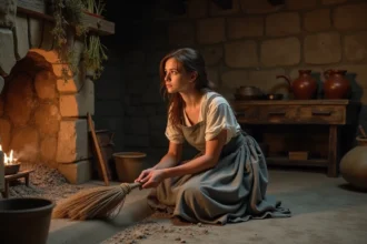 Jeune femme en robe de servante balayant les cendres d'une cheminée dans une cuisine médiévale rustique, illustrant Cendrillon de Charles Perrault