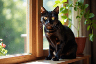 Chat bengal noir sur le rebord de fenêtre ensoleillé