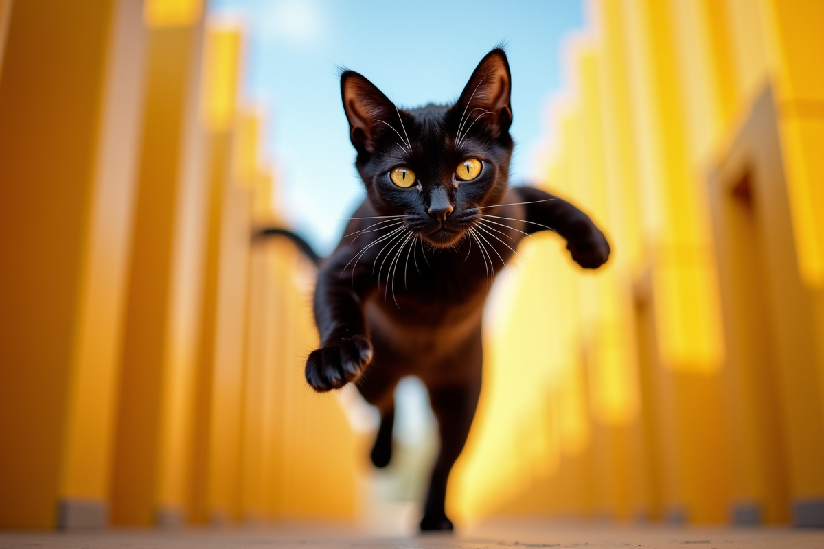 Chat bengal noir sautant dans la lumière naturelle
