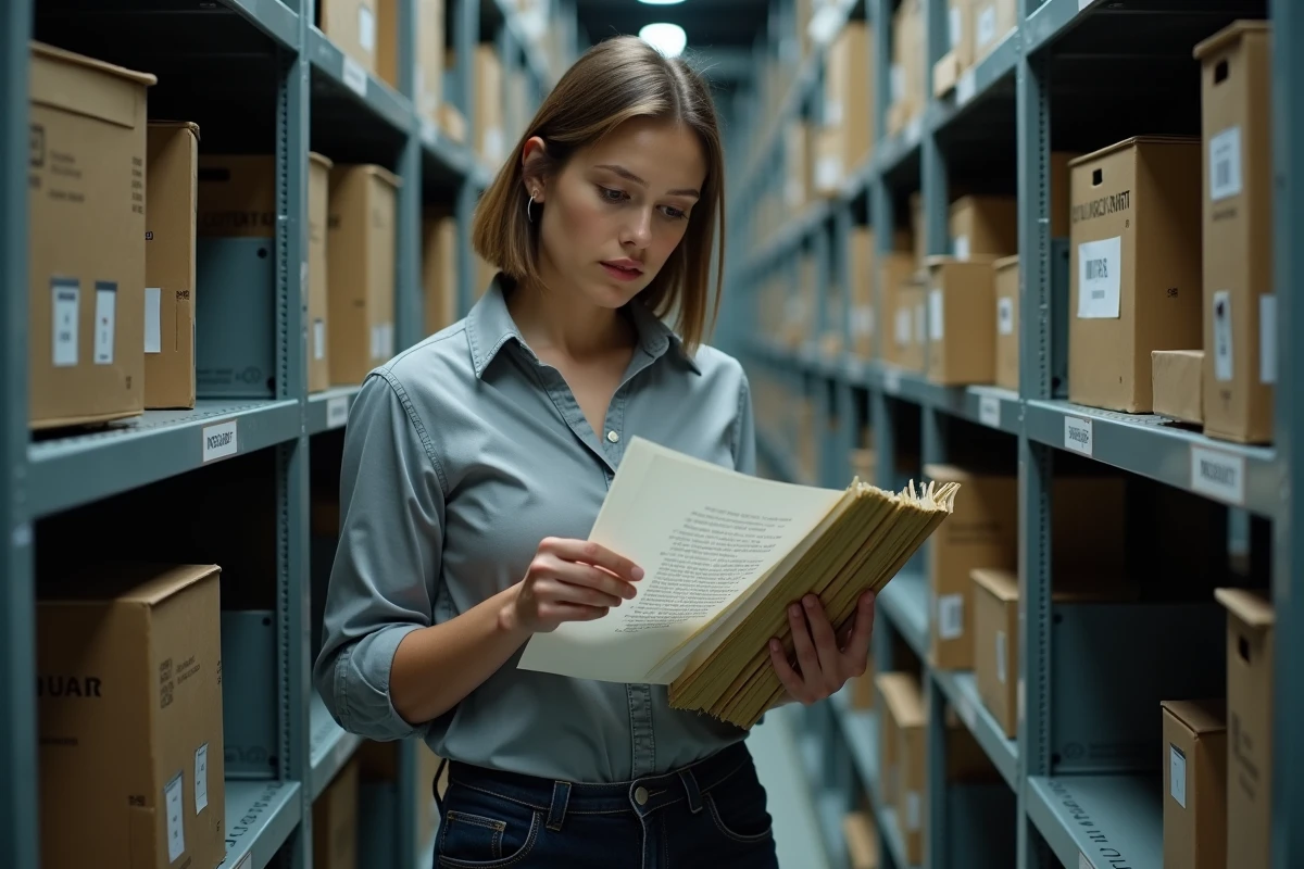Chercheuse consultant des archives télévisuelles et des scripts imprimés dans une salle d'archives de production, illustrant l'enquête sur la véracité de l'histoire de Ruth Finley