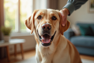 Labrador retriever heureux brossé dans un salon lumineux