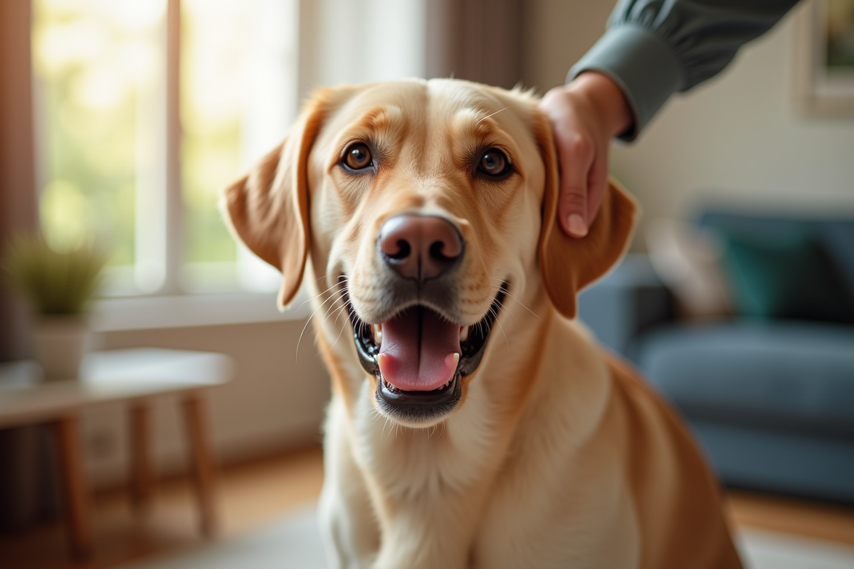 Labrador retriever heureux brossé dans un salon lumineux