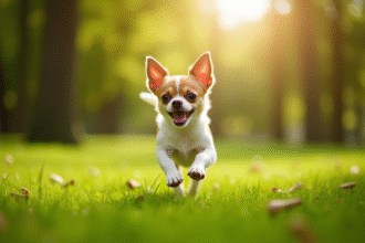 Chihuahua en pleine course dans un parc vert ensoleille