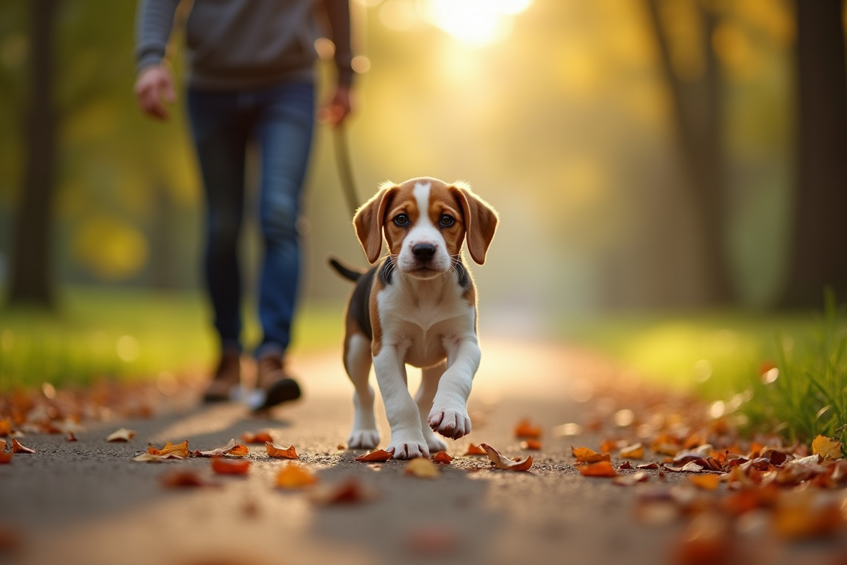 Jeune chiot beagle marchant dans un parc au matin