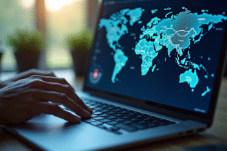 Clavier moderne avec une main tapant une adresse IP sur l'écran