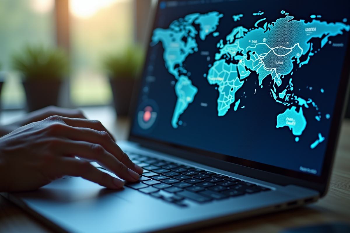 Clavier moderne avec une main tapant une adresse IP sur l'écran